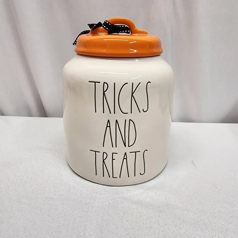 Rae Dunn TRICKS AND TREATS Halloween Canister Orange Lid Ceramic Cookie Treat Ja